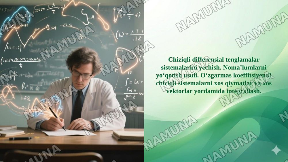 Chiziqli differensial tenglamalar sistemalarini yechish. Noma’lumlarni yo‘qotish usuli. O‘zgarmas koeffitsiyentli chiziqli sistemalarni xos qiymatlar va xos vektorlar yordamida integrallash. — 1-slayd