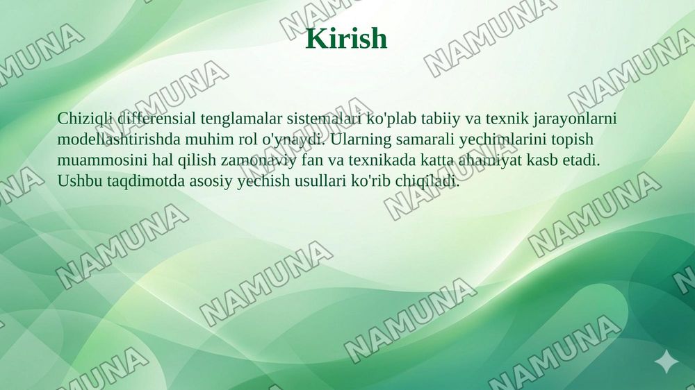 Chiziqli differensial tenglamalar sistemalarini yechish. Noma’lumlarni yo‘qotish usuli. O‘zgarmas koeffitsiyentli chiziqli sistemalarni xos qiymatlar va xos vektorlar yordamida integrallash. — 3-slayd