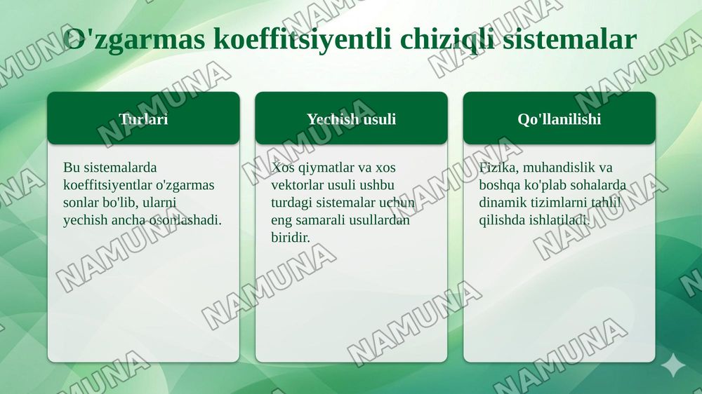 Chiziqli differensial tenglamalar sistemalarini yechish. Noma’lumlarni yo‘qotish usuli. O‘zgarmas koeffitsiyentli chiziqli sistemalarni xos qiymatlar va xos vektorlar yordamida integrallash. — 8-slayd