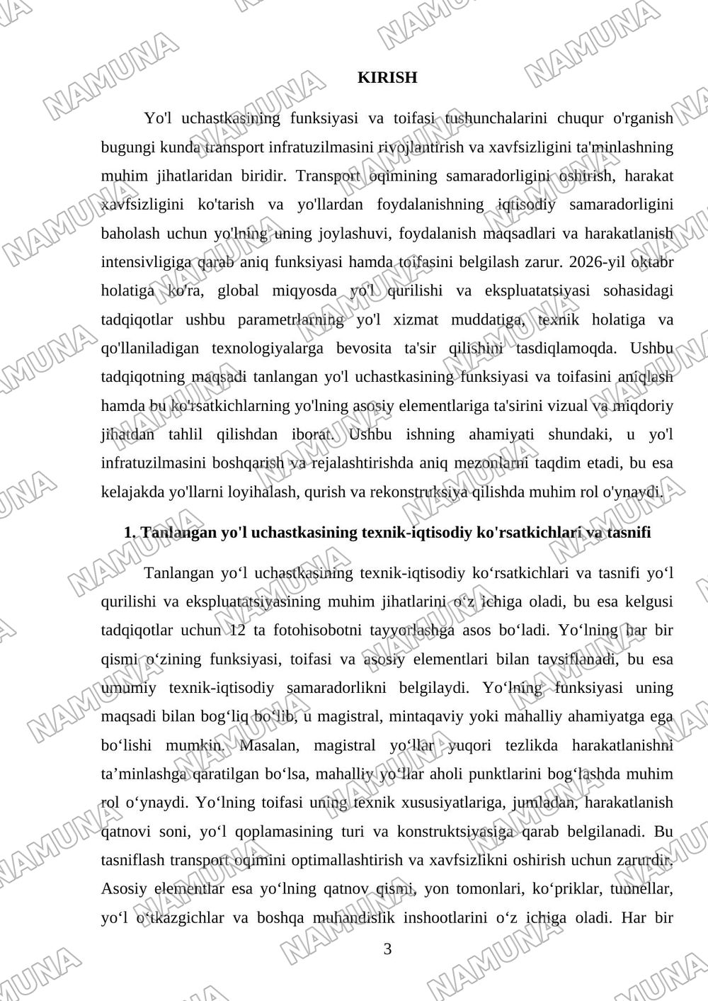 . Tanlangan yoʻl uchastkasining funksiyasi, toifasi va asosiy elementlari boʻyicha 12 fotohisobot. — 3-varaq