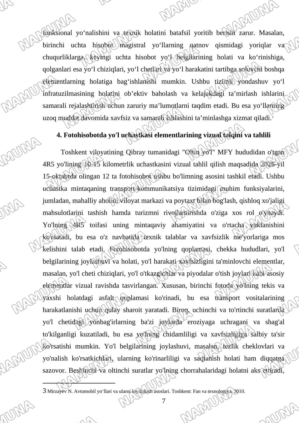 . Tanlangan yoʻl uchastkasining funksiyasi, toifasi va asosiy elementlari boʻyicha 12 fotohisobot. — 7-varaq