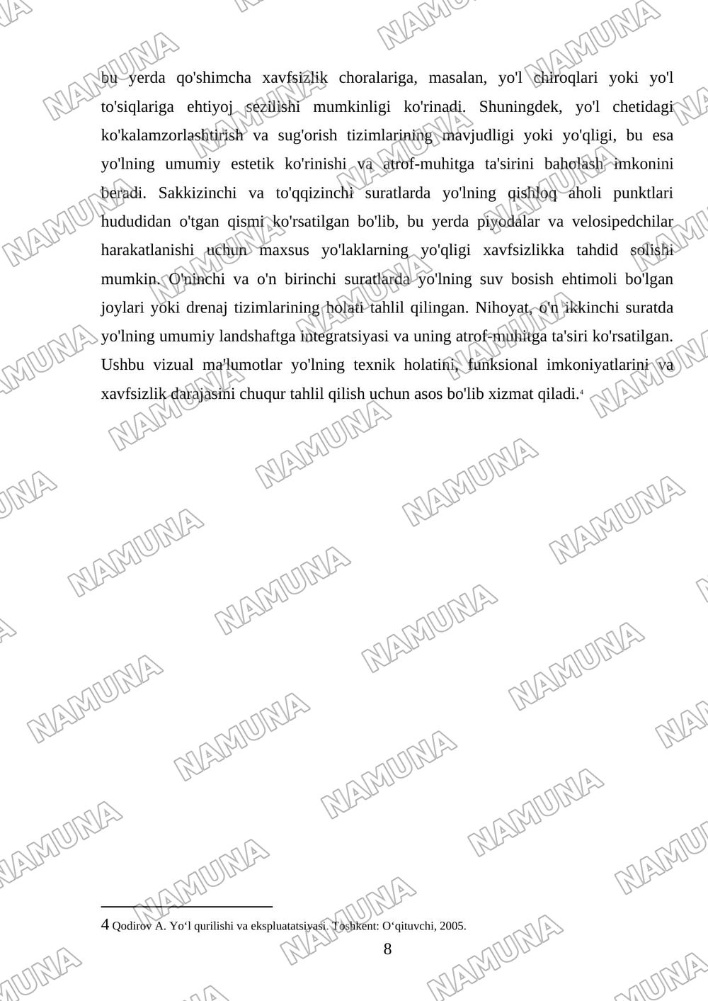 . Tanlangan yoʻl uchastkasining funksiyasi, toifasi va asosiy elementlari boʻyicha 12 fotohisobot. — 8-varaq