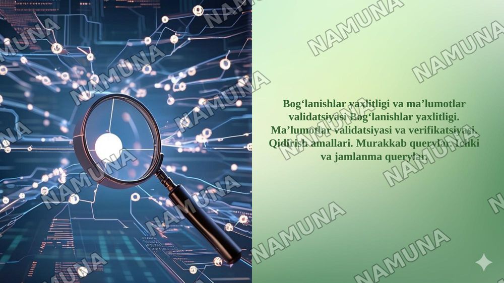 Bogʻlanishlar yaxlitligi va ma’lumotlar validatsiyasi Bogʻlanishlar yaxlitligi. Ma’lumotlar validatsiyasi va verifikatsiyasi. Qidirish amallari. Murakkab querylar. Ichki va jamlanma querylar. — 1-slayd