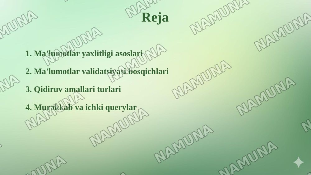 Bogʻlanishlar yaxlitligi va ma’lumotlar validatsiyasi Bogʻlanishlar yaxlitligi. Ma’lumotlar validatsiyasi va verifikatsiyasi. Qidirish amallari. Murakkab querylar. Ichki va jamlanma querylar. — 2-slayd