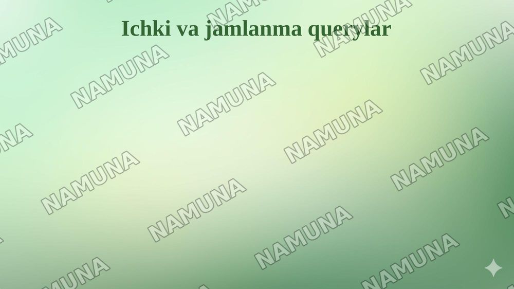 Bogʻlanishlar yaxlitligi va ma’lumotlar validatsiyasi Bogʻlanishlar yaxlitligi. Ma’lumotlar validatsiyasi va verifikatsiyasi. Qidirish amallari. Murakkab querylar. Ichki va jamlanma querylar. — 8-slayd
