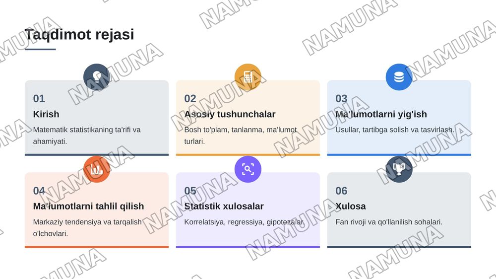 Matematik statistikaning asosiy tushunchalari. — 2-slayd
