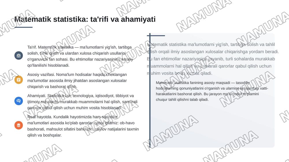 Matematik statistikaning asosiy tushunchalari. — 3-slayd