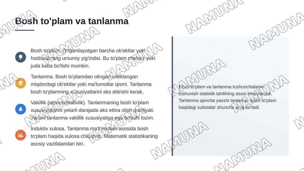 Matematik statistikaning asosiy tushunchalari. — 4-slayd