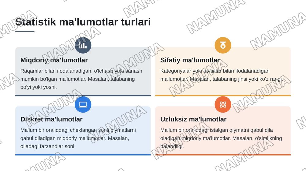 Matematik statistikaning asosiy tushunchalari. — 5-slayd