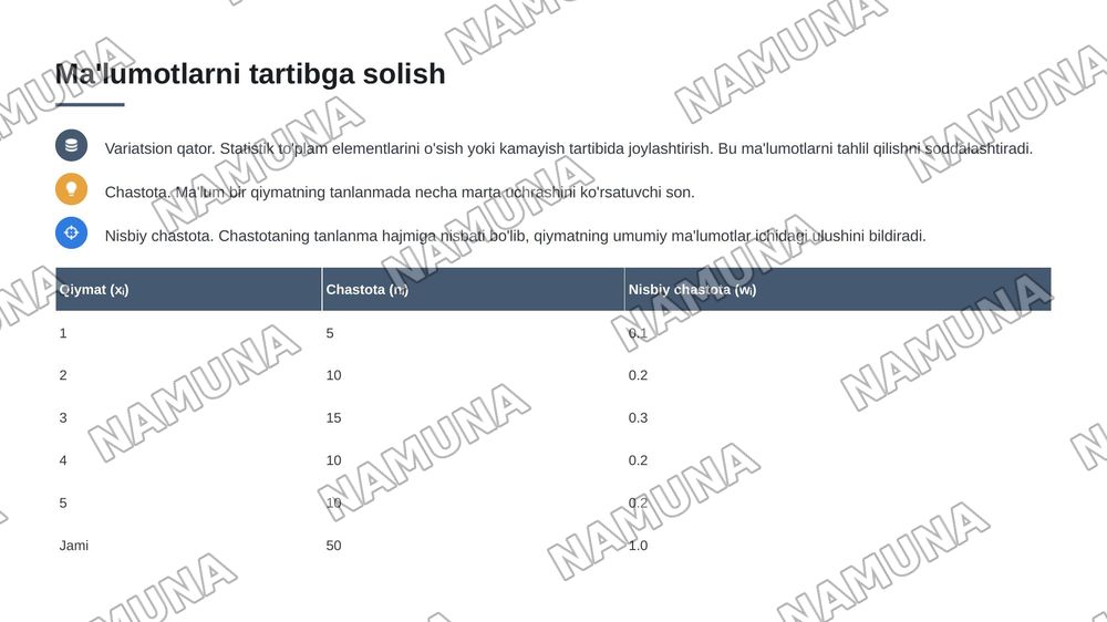 Matematik statistikaning asosiy tushunchalari. — 7-slayd