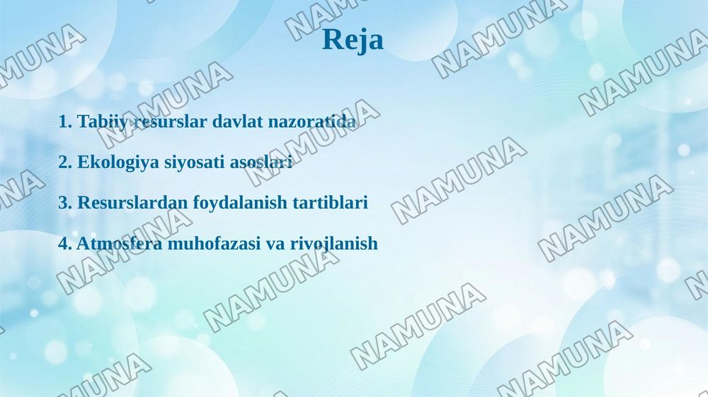 Davlatning tabiiy resurslardan foydalanish jarayonlarini tartibga solishi va ekologiya sohasidagi siyosati. — 2-slayd