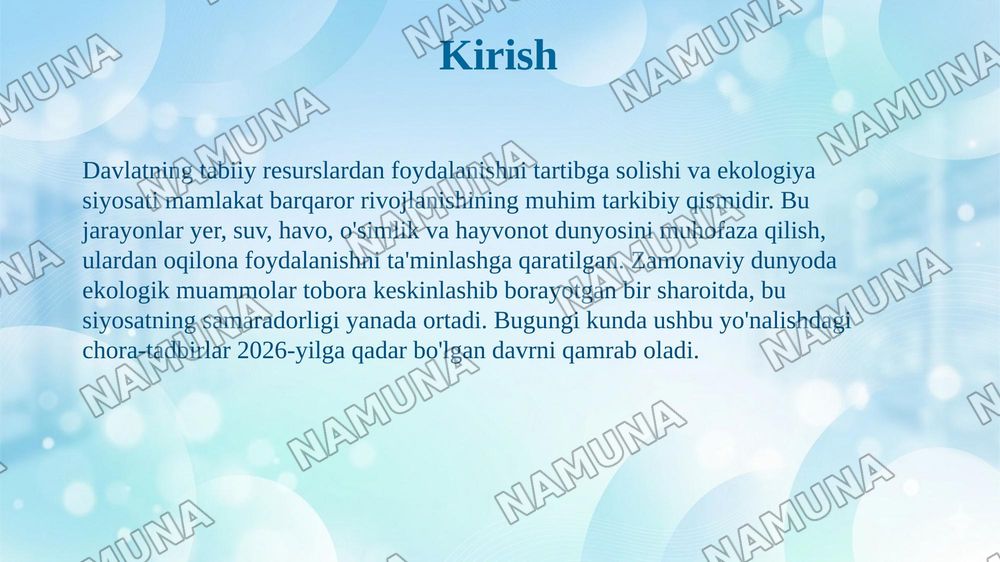 Davlatning tabiiy resurslardan foydalanish jarayonlarini tartibga solishi va ekologiya sohasidagi siyosati. — 3-slayd