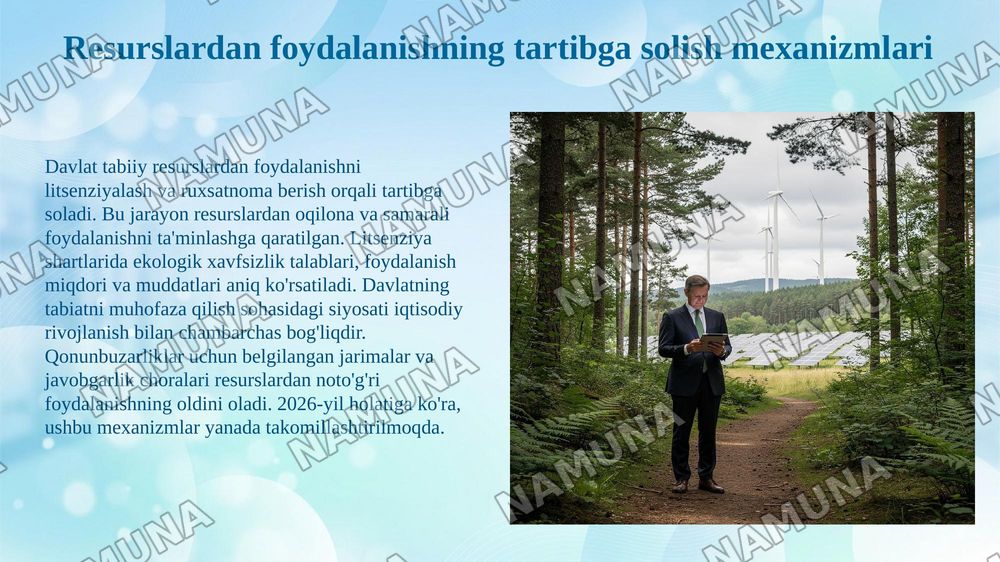Davlatning tabiiy resurslardan foydalanish jarayonlarini tartibga solishi va ekologiya sohasidagi siyosati. — 5-slayd