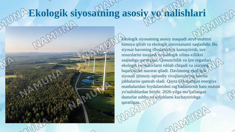 Davlatning tabiiy resurslardan foydalanish jarayonlarini tartibga solishi va ekologiya sohasidagi siyosati. — 6-slayd
