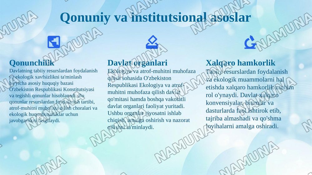 Davlatning tabiiy resurslardan foydalanish jarayonlarini tartibga solishi va ekologiya sohasidagi siyosati. — 7-slayd