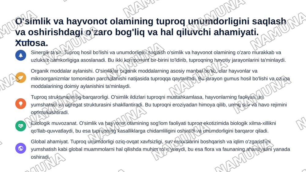 "Tuproq hosil bo'lishida o'simlik va hayvonot olamining roli" — 5-slayd