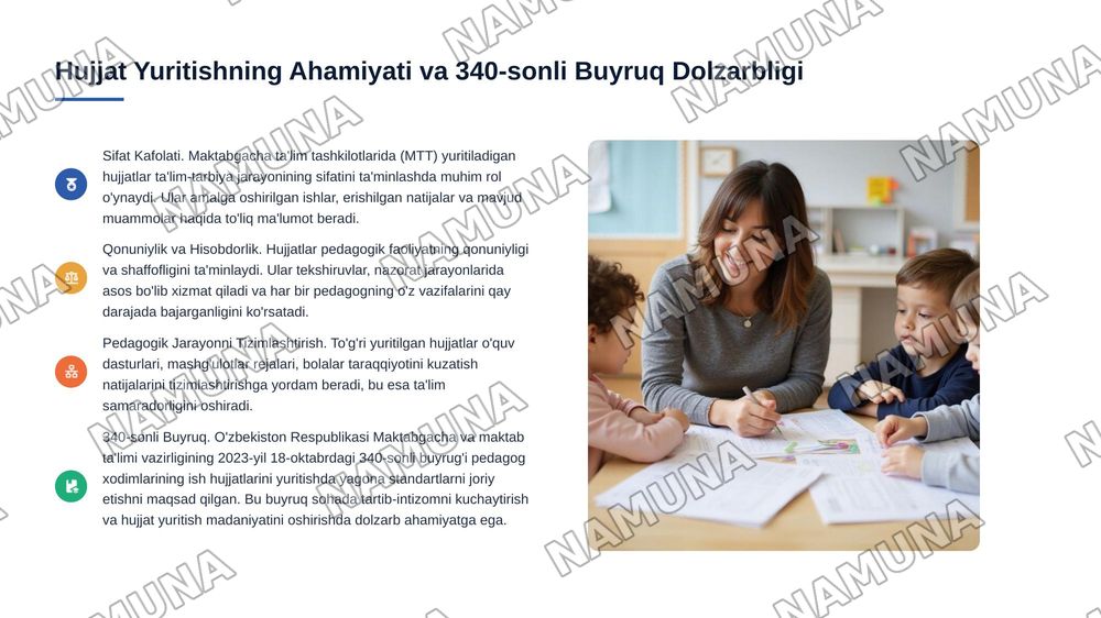 Maktabgacha ta'lim tashkiloti pedagog hodimlarining ish hujjatlarini yuritish bo'yichs 340-sonli   buyruqqa asosan taqdimot — 3-slayd