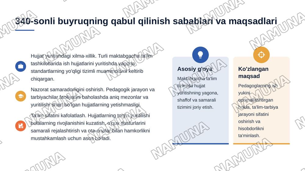 Maktabgacha ta'lim tashkiloti pedagog hodimlarining ish hujjatlarini yuritish bo'yichs 340-sonli   buyruqqa asosan taqdimot — 4-slayd
