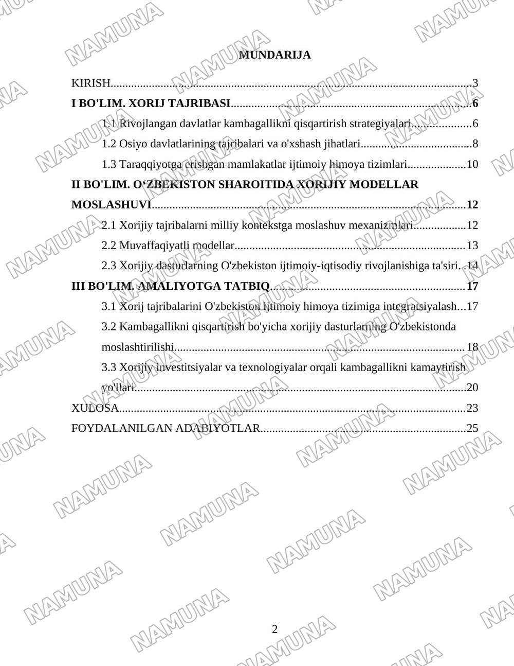 Xorij mamlakatlarining kambagallikni qisqartirish boyicha tajribalarni Ozbekistonda qollash — 2-varaq