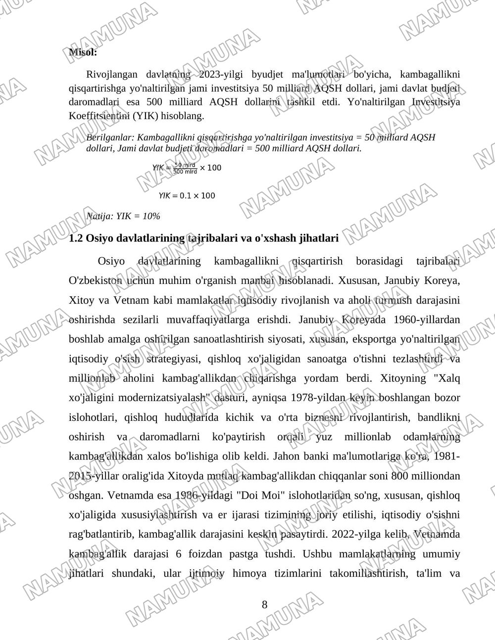 Xorij mamlakatlarining kambagallikni qisqartirish boyicha tajribalarni Ozbekistonda qollash — 8-varaq