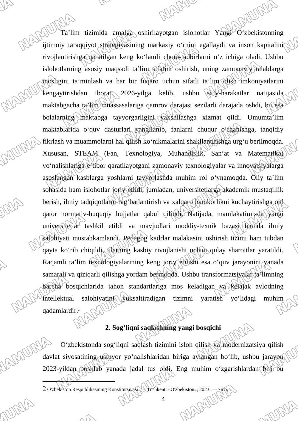 Yangi O‘zbekistonda ijtimoiy sohaga bo‘lgan zamonaviy munosabat. Ta’lim, sog‘liqni saqlash, turizm, sport va boshqa sohalardagi tub o‘zgarishlar. — 4-varaq
