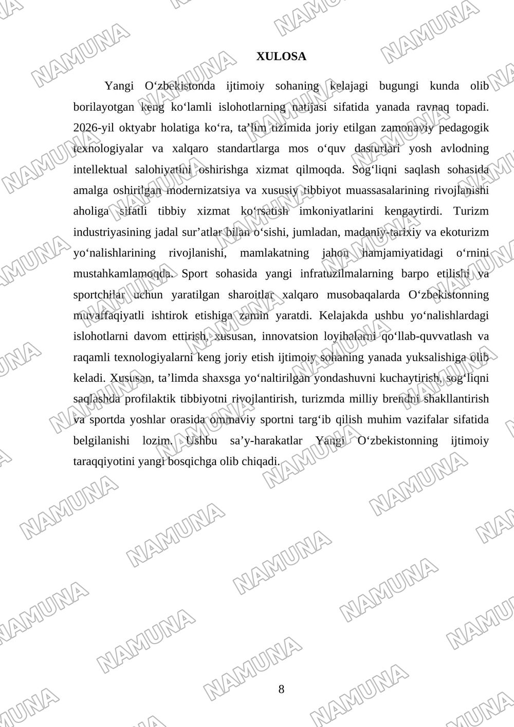 Yangi O‘zbekistonda ijtimoiy sohaga bo‘lgan zamonaviy munosabat. Ta’lim, sog‘liqni saqlash, turizm, sport va boshqa sohalardagi tub o‘zgarishlar. — 8-varaq