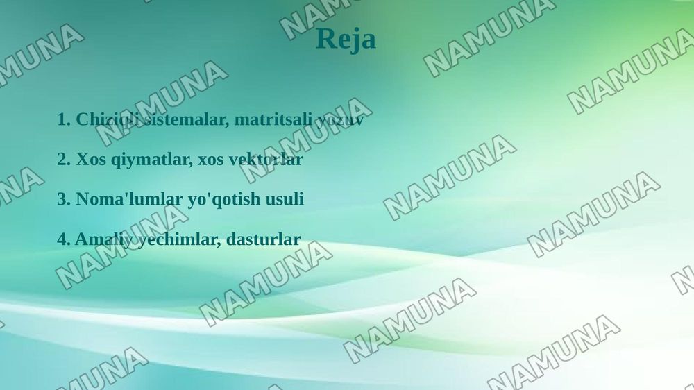 Differensial tenglamalar sistemalarini yechish va matritsali usullarini qo‘llash. Chiziqli differensial tenglamalar sistemasini matrisa ko‘rinishida yozish. Matritsaning xos qiymatlari va xos vektorlarini aniqlash, shuningdek noma’lumlarni yo‘qotish usuli bilan sistemani amaliy yechish. — 2-slayd