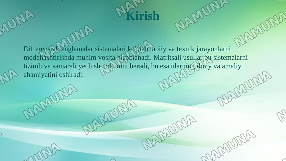 Differensial tenglamalar sistemalarini yechish va matritsali usullarini qo‘llash. Chiziqli differensial tenglamalar sistemasini matrisa ko‘rinishida yozish. Matritsaning xos qiymatlari va xos vektorlarini aniqlash, shuningdek noma’lumlarni yo‘qotish usuli bilan sistemani amaliy yechish. — 3-slayd