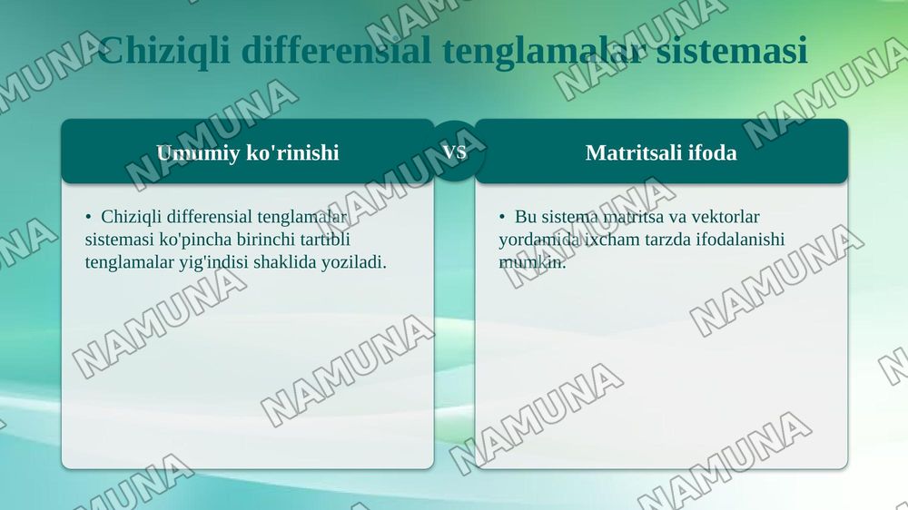 Differensial tenglamalar sistemalarini yechish va matritsali usullarini qo‘llash. Chiziqli differensial tenglamalar sistemasini matrisa ko‘rinishida yozish. Matritsaning xos qiymatlari va xos vektorlarini aniqlash, shuningdek noma’lumlarni yo‘qotish usuli bilan sistemani amaliy yechish. — 4-slayd