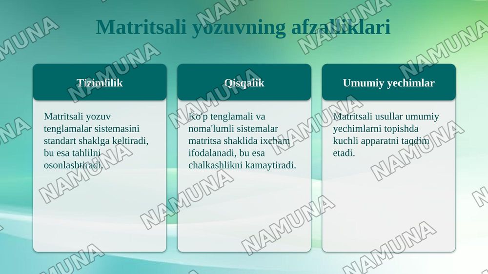 Differensial tenglamalar sistemalarini yechish va matritsali usullarini qo‘llash. Chiziqli differensial tenglamalar sistemasini matrisa ko‘rinishida yozish. Matritsaning xos qiymatlari va xos vektorlarini aniqlash, shuningdek noma’lumlarni yo‘qotish usuli bilan sistemani amaliy yechish. — 5-slayd