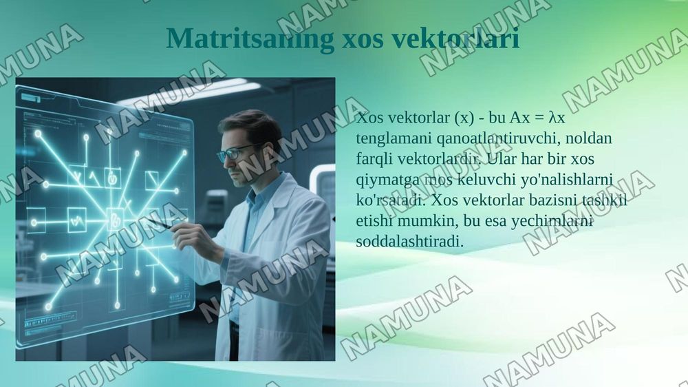 Differensial tenglamalar sistemalarini yechish va matritsali usullarini qo‘llash. Chiziqli differensial tenglamalar sistemasini matrisa ko‘rinishida yozish. Matritsaning xos qiymatlari va xos vektorlarini aniqlash, shuningdek noma’lumlarni yo‘qotish usuli bilan sistemani amaliy yechish. — 7-slayd