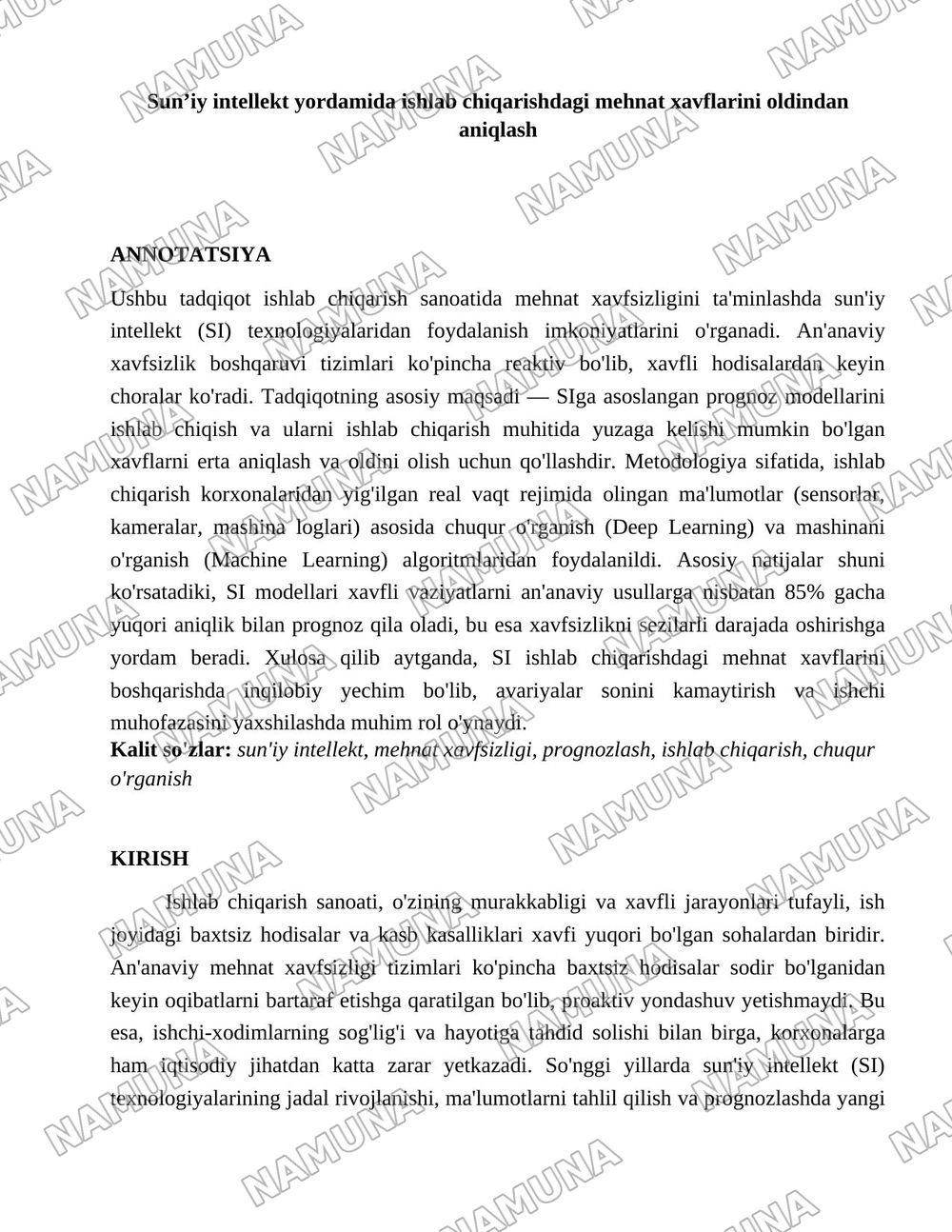 Sun’iy intellekt yordamida ishlab chiqarishdagi mehnat xavflarini oldindan aniqlash — 1-varaq