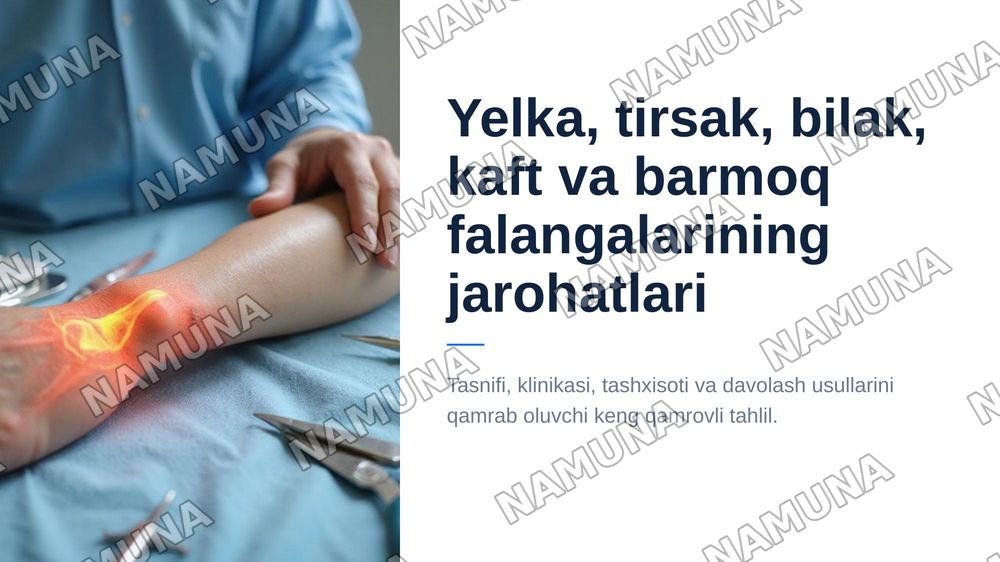 Yelka suyagi . Tirsak boʻgʻimi sohasida . Bilak suyaklari .Kaft  va barmoq falangalarini jarahotlari . Tasnifi klinikasi .Tashxisot . Davolash. — 1-slayd