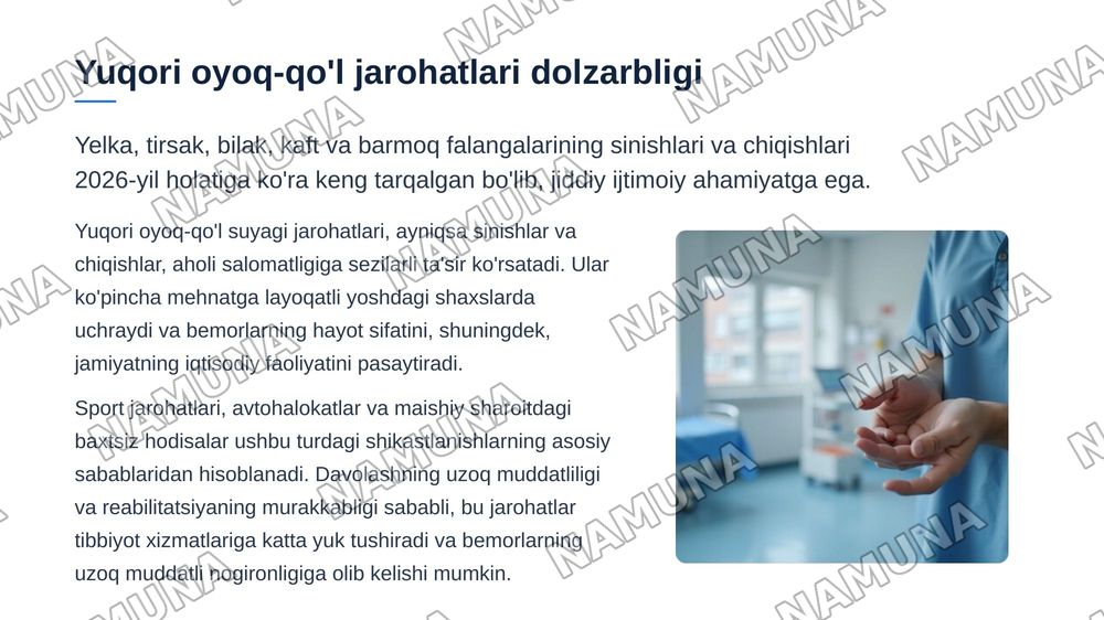 Yelka suyagi . Tirsak boʻgʻimi sohasida . Bilak suyaklari .Kaft  va barmoq falangalarini jarahotlari . Tasnifi klinikasi .Tashxisot . Davolash. — 3-slayd