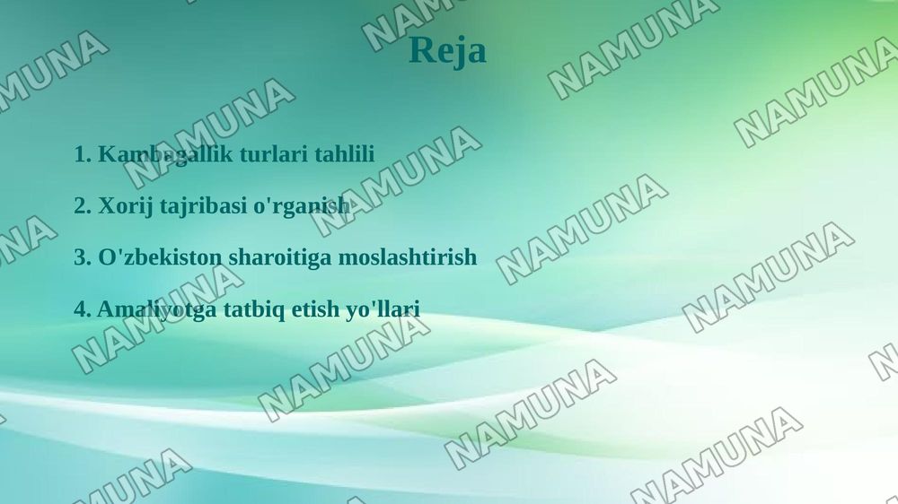 Xorij mamlakatlarining kambagallikni qisqartirish boyicha tajribalarni Ozbekistonda qollash — 2-slayd