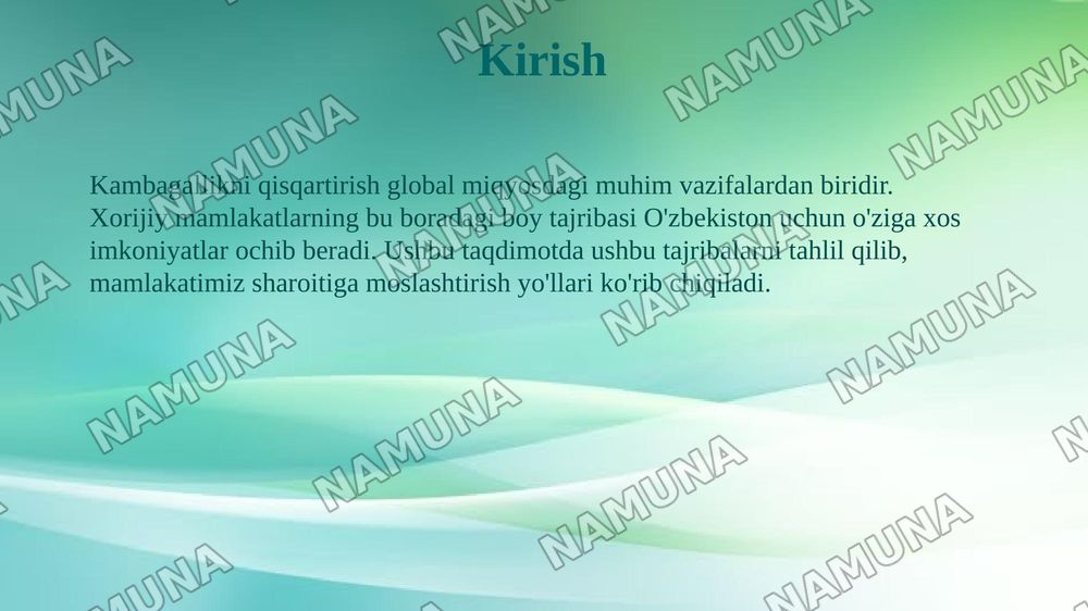 Xorij mamlakatlarining kambagallikni qisqartirish boyicha tajribalarni Ozbekistonda qollash — 3-slayd