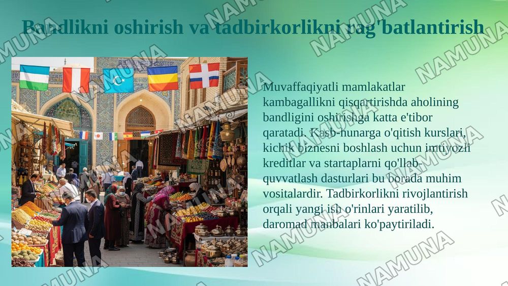 Xorij mamlakatlarining kambagallikni qisqartirish boyicha tajribalarni Ozbekistonda qollash — 6-slayd