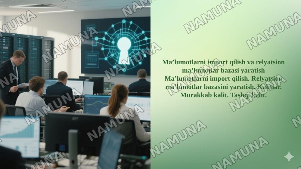 Maʼlumotlarni import qilish va relyatsion maʼlumotlar bazasi yaratish Maʼlumotlarni import qilish. Relyatsion maʼlumotlar bazasini yaratish. Kalitlar. Murakkab kalit. Tashqi kalit. — 1-slayd