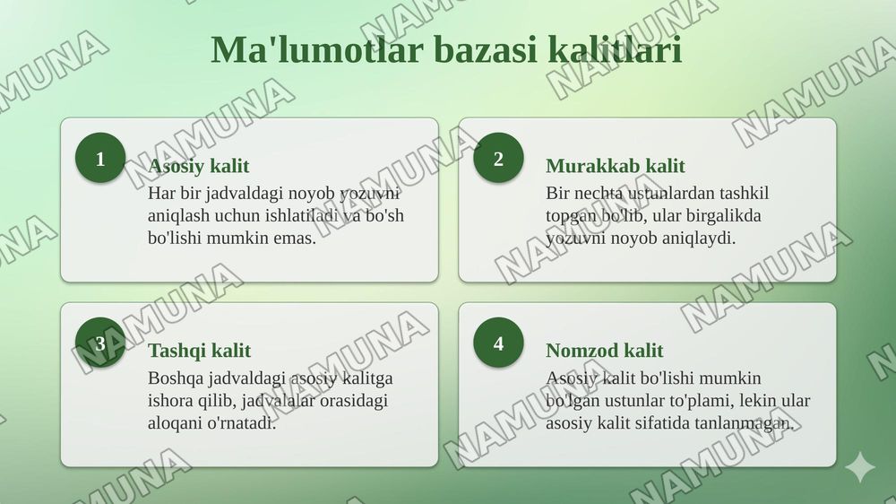 Maʼlumotlarni import qilish va relyatsion maʼlumotlar bazasi yaratish Maʼlumotlarni import qilish. Relyatsion maʼlumotlar bazasini yaratish. Kalitlar. Murakkab kalit. Tashqi kalit. — 6-slayd