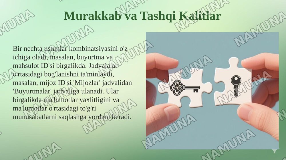 Maʼlumotlarni import qilish va relyatsion maʼlumotlar bazasi yaratish Maʼlumotlarni import qilish. Relyatsion maʼlumotlar bazasini yaratish. Kalitlar. Murakkab kalit. Tashqi kalit. — 8-slayd