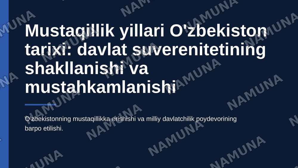 1.Mustaqillik deklaratsiyasining e’lon qilinishi
2.Davlat ramzlarining tashlik etilish
3.Mustagillikning ilk davrida davlat
suverenitetini mustahkamiash yo'lidagi
sa'y-harakatiar:
4.Milliy taraqqiyotning dastlabki
bosqichidagi muammolar:
5.O'ziga xos taraqqiyot yo'lining tanlanishi:
6.Taraqqiyotning — 1-slayd
