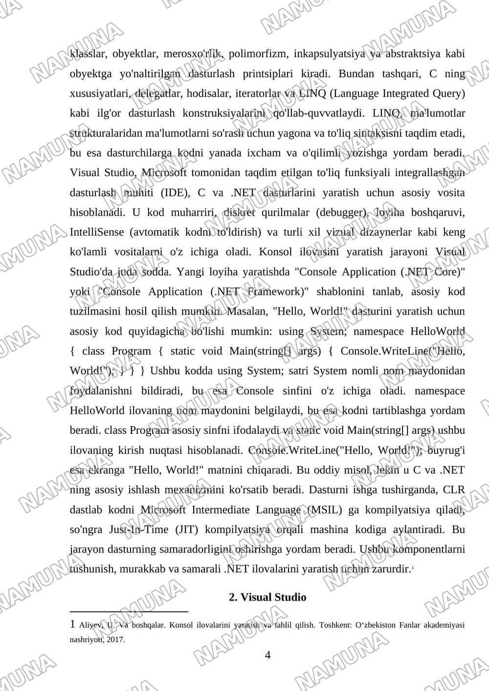 C# dasturlash muhiti va .NET platformasining tuzilishini oʻrganish,Visual Studio muhitida konsol ilovasini yaratish va uning ishlash jarayonini tahlil qilish. — 4-varaq
