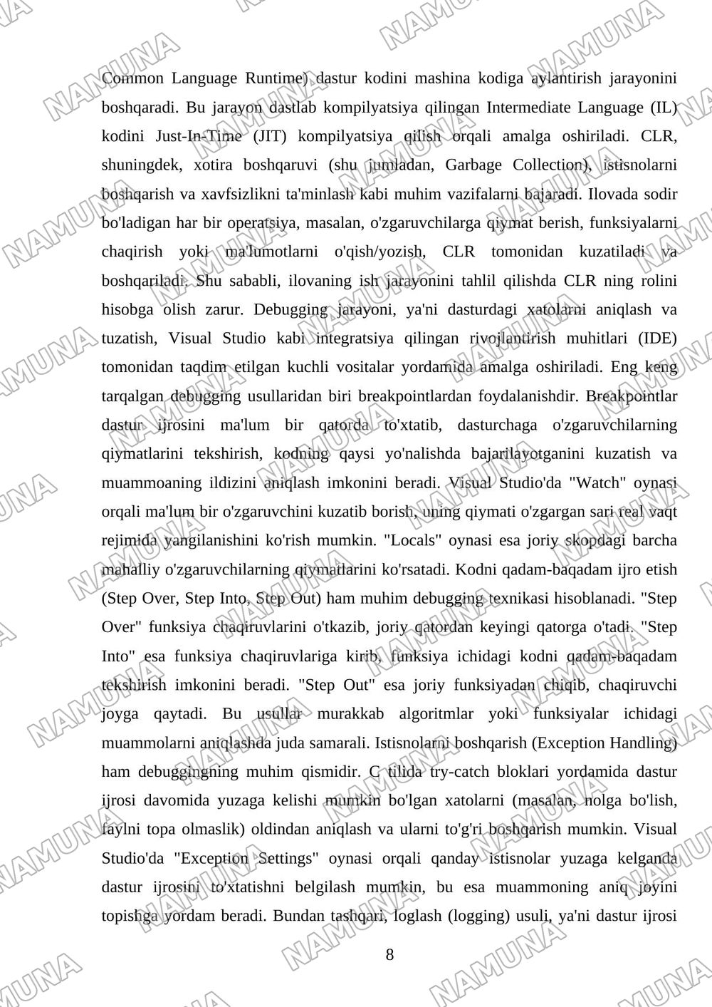 C# dasturlash muhiti va .NET platformasining tuzilishini oʻrganish,Visual Studio muhitida konsol ilovasini yaratish va uning ishlash jarayonini tahlil qilish. — 8-varaq