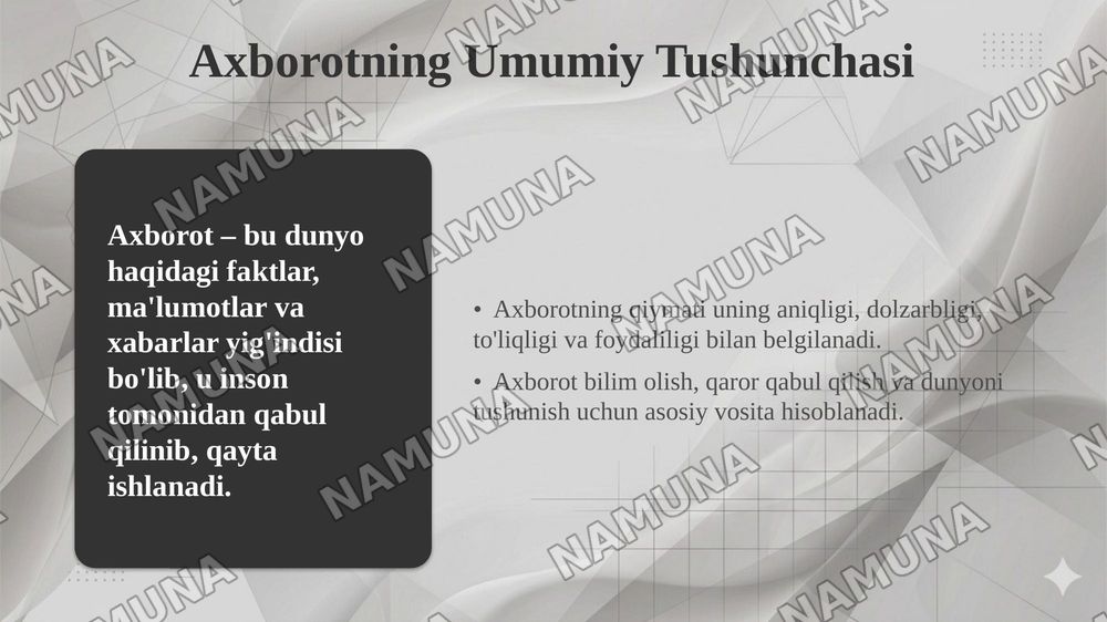 Axbarot turlari va xususiyatlar. — 4-slayd