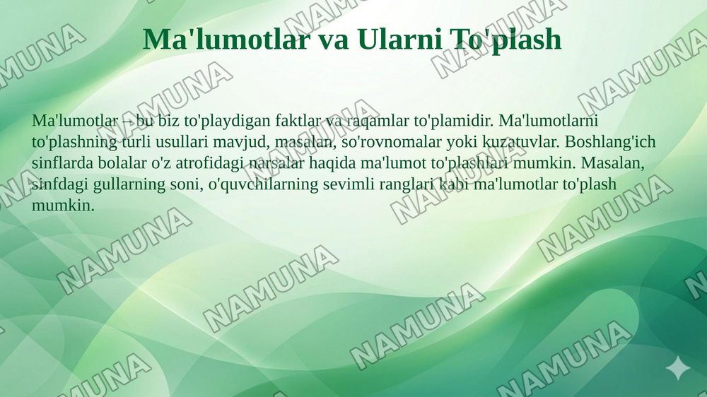 Matematik statistikaning asosiy tushunchalari. (Boshlangʻich taʼlimga tadbiq etib) — 5-slayd