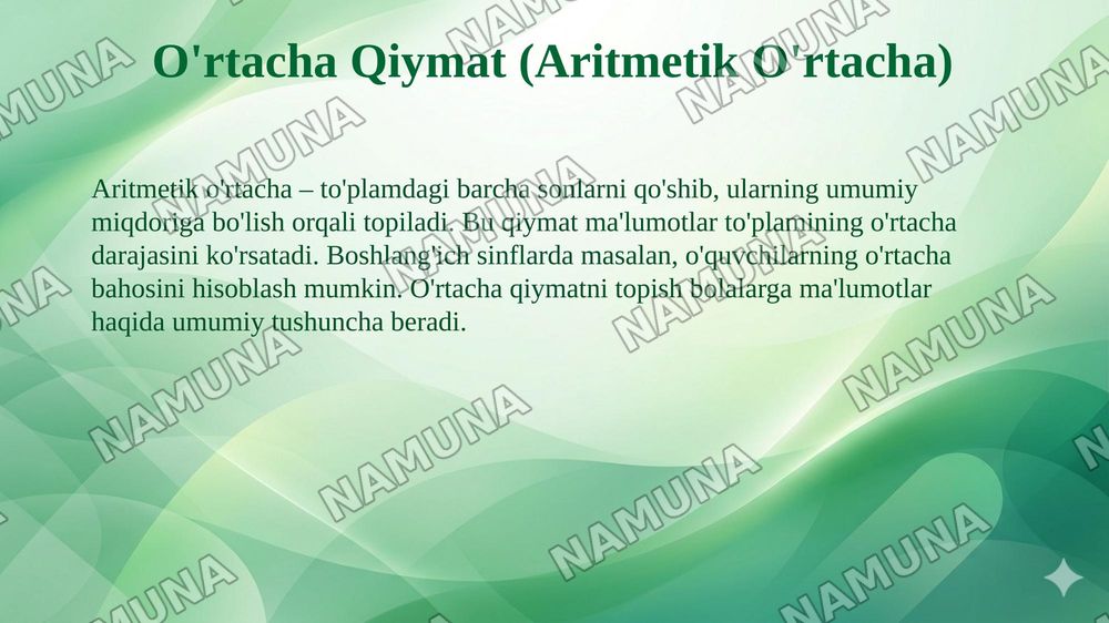 Matematik statistikaning asosiy tushunchalari. (Boshlangʻich taʼlimga tadbiq etib) — 8-slayd