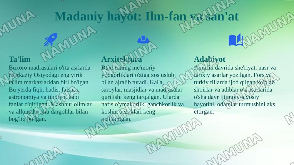 Buxoro amirligining ijtimoiy iqtisodiy va madaniy hayoti — 8-slayd