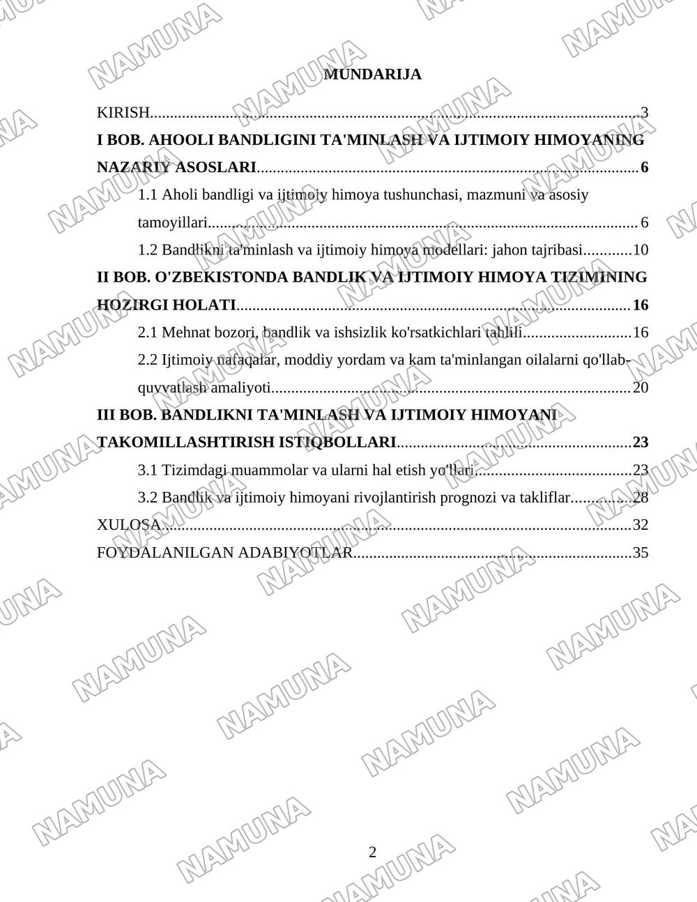 Oʻzbekiston respublikasi aholining ish bilan bandligini taʼminlash va ijtimoiy himoyalash muammolari — 2-varaq