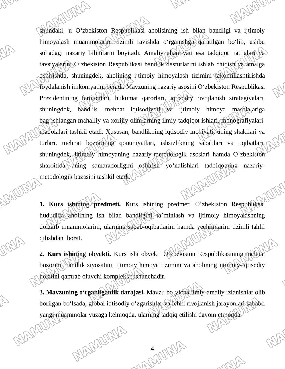 Oʻzbekiston respublikasi aholining ish bilan bandligini taʼminlash va ijtimoiy himoyalash muammolari — 4-varaq