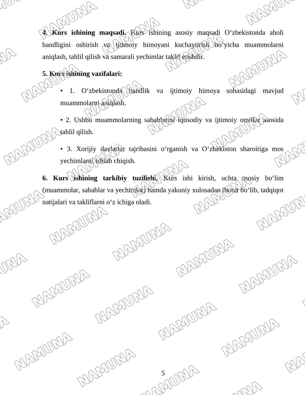 Oʻzbekiston respublikasi aholining ish bilan bandligini taʼminlash va ijtimoiy himoyalash muammolari — 5-varaq